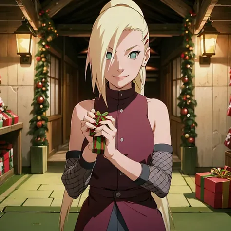 Yamanaka Ino from NARUTO, A Beautiful girl with a blonde pigtail hair girl, green eyes. As she celebrate Xmas by wearing her Xmas outfit as she smile while she looking at the viewer