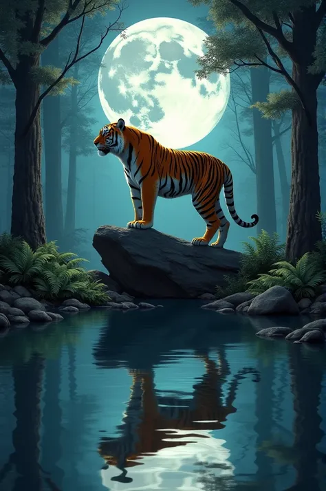 At night with full moon a tiger is standing on a big rock reflection in pond in the forest 