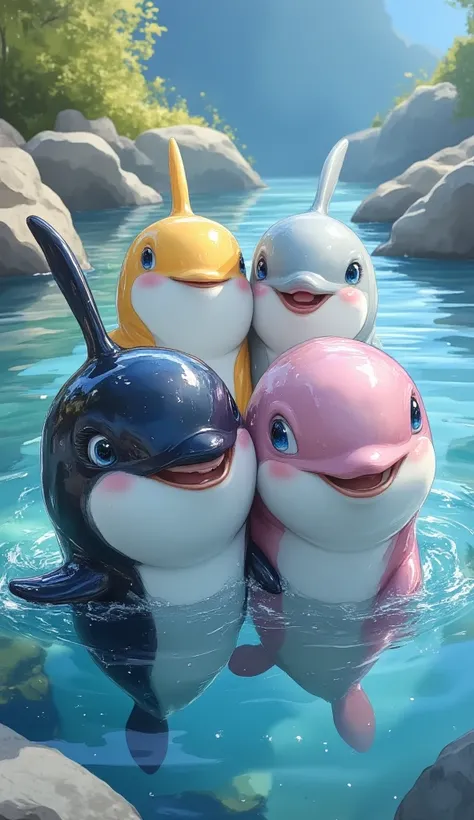 "Four baby whales with unique body colors  (black, yellow, pink, and gray)  are playing in the clear water in a cheerful atmosphere. Their faces look cute and adorable ,  with cheerful and curious expressions .  The surrounding environment seems natural an...