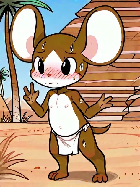  humanoid mouse,Two-headed body,Round ears,black eyes,Round nose, short tail ,Naked,fur,three toes ,four fingers,brown body,Lightweight ,white boobs,White belly,(white palm , white palm),desert,Loincloth,pyramid, blush,Sweat,warrior,2D,(( are of the best q...