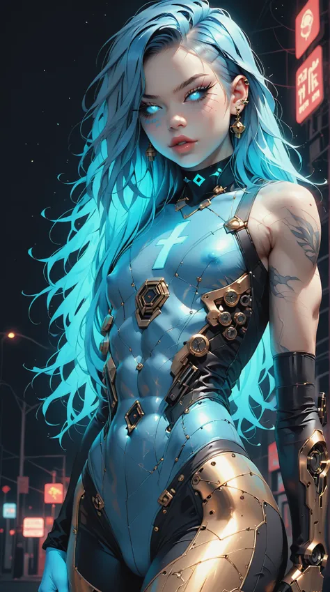 (nsfw:1), (Uncensored:1), score_9, score_8_up, score_7_up, (Three quarters Shot), (1 girl), (asian), beautiful teenage (skinny) muscular goth cyborg girl, (full Cybernetic bodysuit:1.5), (black sclera:1.5), (blue glowing eyes:1.5), (blue glowing body veins...