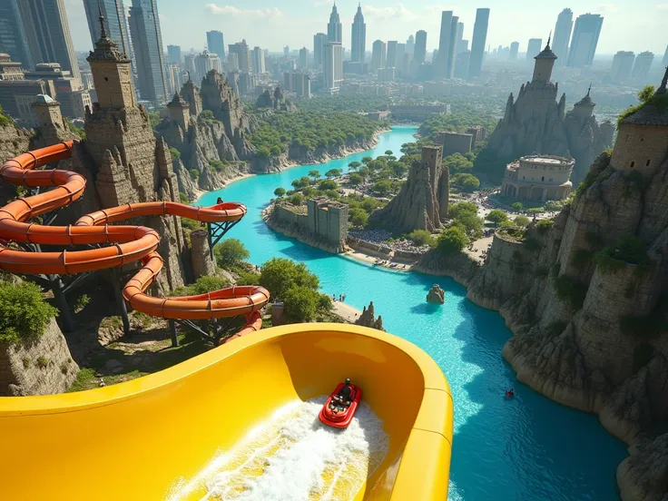 " A giant water park with a huge slide in yellow in the foreground that descends to a huge caravan in stone,  in which a person glides quickly , enjoying the descent .  The slide is curved and spectacular ,  with water coming out of it and creating a water...