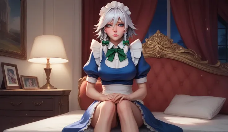 1girl, night, dark, home, white hair, sakuya, izayoi, shy, in love, sakuya izayoi, touhou, beautiful, lips, maid, blue eyes, hi res, ultra sharp, 8k, masterpiece, perfect anatomy, correct body, perfect figure, Perfect Style, in her 20s, very Slim body, nar...