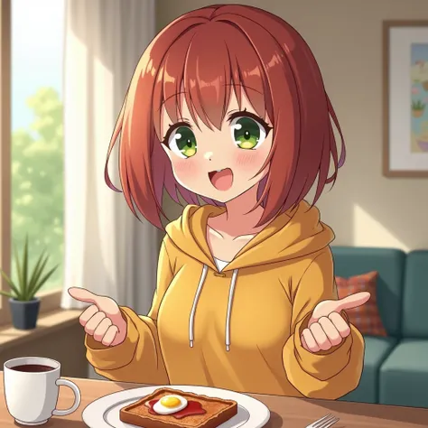  1 girl , high definition ,  shortcuts,  bob hair, mustard colored hoodie,Its hot, so roll up your arms ,Reddish brown hair, emerald green eyes, character design, Eat ham, egg toast, yogurt, and milk for breakfast in the stylish living room,