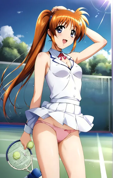 Nanoha, ((cowboy shot)), (white tennis wear:1.2), ( slender ), ( ashamed:1.2), (Red cheeks:1.2), ( bright smile:1.1),  cleavage, ( small breasts), ( Sexy Poses :1.2), (wind lift:1.1), (show off panties), (no racket), ( tennis court :1.2),  score_9,  score_...