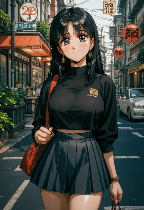   black hair,Big Breasts Cute 18 Year Old 、 An image of crossing a 、 pedestrian crossing like The Beatles 、 Slightly Smiling 、 cleavage、 skirt、 Crossing the Street、 high image quality、