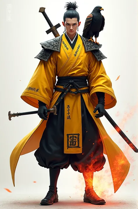  Create a 26-year-old adult character wearing yellow and black samurai clothes and with a more structured body with a reinforced black and red aura coming out of the characters leg, with a wind sword and a bow around his back  ,  on his shoulder rests a da...