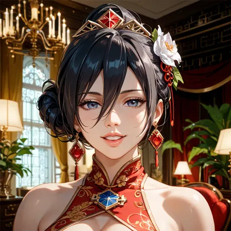 (( best quality)), ((masterpiece)), ( Details), （ perfect face）、The woman who went from being a concubine in Harlem to being a regular wife is a dark-haired Mikasa Ackerman, wears luxurious jewelry accessories in a luxurious room, and has the appearance of...