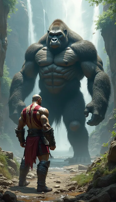 Create an image of a gorilla and the character Kratos