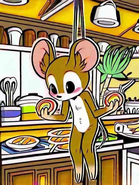  humanoid mouse,(Two-headed body),Round ears,black eyes,Round nose, short tail ,Naked,fur,three toes ,four fingers,brown body,Lightweight ,white boobs,White belly,(white palm , white palm),indoor,kitchen,(gourmet food,Suspension,surround), blush,eating,2D,...