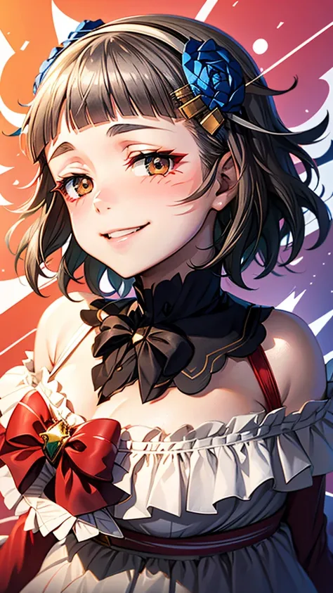 (((solo))), 1 woman, Sakuya Kurobane, sakuyaunif, kurobane_sakuya, (brown eyes), short hair, grey hair, black hairband, blue hair flower, red eyeliner, chest, blush, smile, (upper body), santa claus