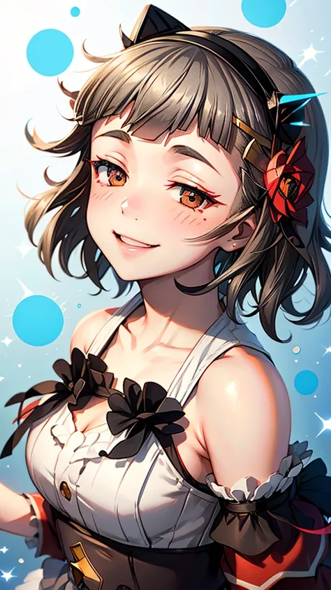 (((solo))), 1 woman, Sakuya Kurobane, sakuyaunif, kurobane_sakuya, (brown eyes), short hair, grey hair, black hairband, blue hair flower, red eyeliner, chest, blush, smile, (upper body), santa claus