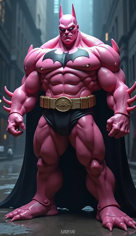 A hybrid fusion between skinny Majin Boo and Batman 