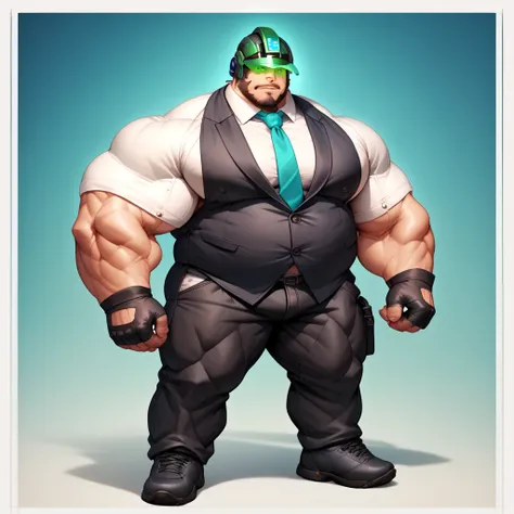 a big giant man with musclegut tall body and big fat belly using black vest suit with white shirt on it, tie, black pants, black gloves, and cyborg helmet which cover all of the face with black visor. full body, standing still, solo, very big, very tall, v...