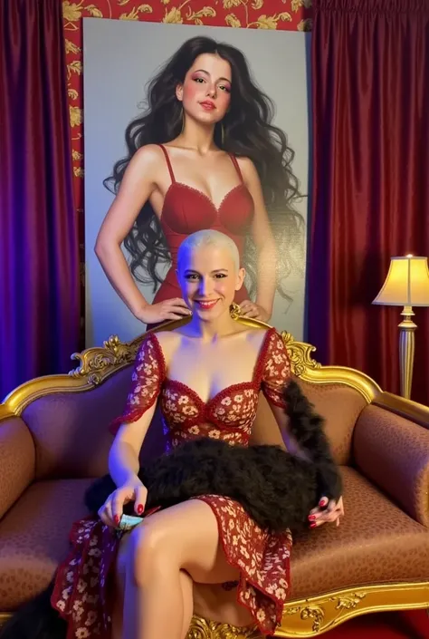 (Bald woman is smiling looking at the viewer).  (((Her head is completely bald and smooth))).  (((A hair clipper held in her right hand is pressed to her hairless forehead))). The scene is a surreal, luxurious image of a woman sitting elegantly on a lavish...