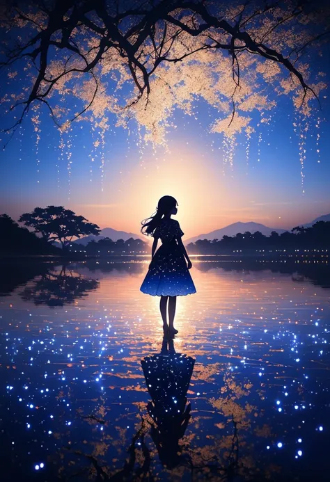 This image is、It depicts the silhouette of a girl standing against the backdrop of a beautiful sunset.。. The sky goes from deep white ,  appears to be wrapped in a series of tiny sparkling fairy lights . The person is、 This image 。, Some are illuminated,  ...