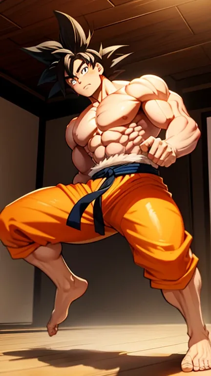 (A detailed drawing of goku, Bodybuilding-Fitnessstudio.), With a naked torso, Ripping clothes, shorts, slip, the strongest of all, huge muscular body, big Bizeps, big shoulders, Muscle legs,abs, Barefoot, Martial arts, score_9, score_8_up, score_7_up, sou...