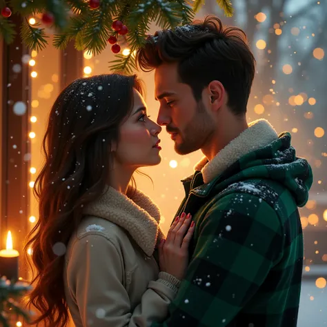 Beautiful brunette woman looking into eyes of handsome man under Mistletoe. She is wearing pretty winter coat; he is wearing green flannel. Realistic and Chistmasy. Outside. Light from Christmas lights and candles. Lightly snowing. High detail. 