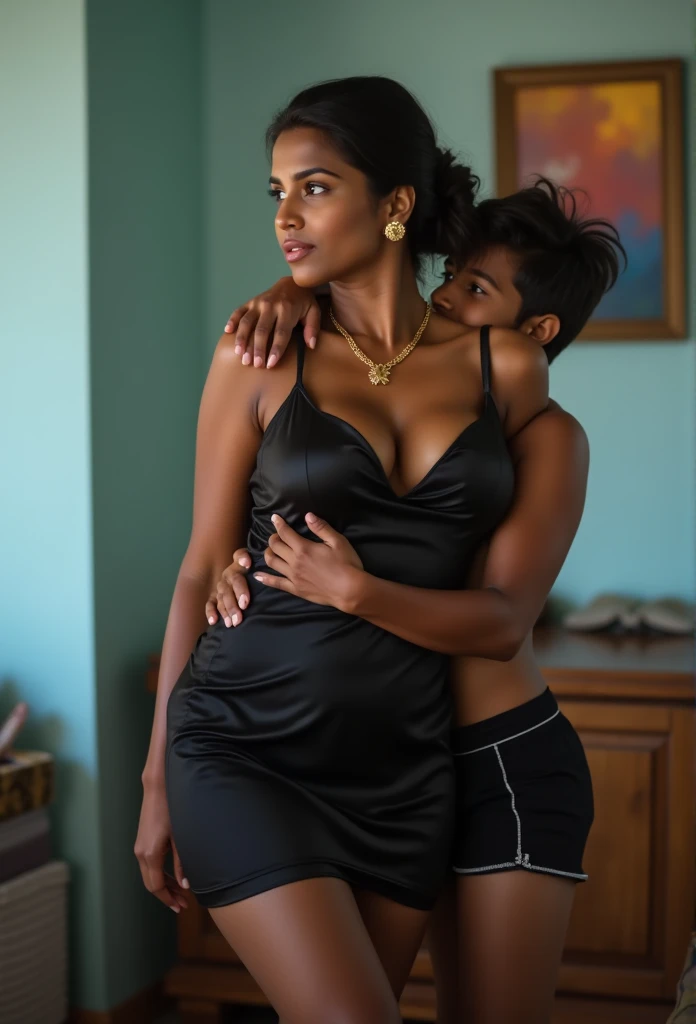 The image is a high-resolution photograph featuring an intimate, indoor scene with two people. The subject is a middle-aged woman, sri lankan women, with a brown skin tone, and a well-defined facial structure. She is wearing a short dress, wearing a black ...