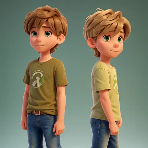  boy, straight light brown hair, almost blonde and has brown eyes. Wearing a green t-shirt and blue jeans.