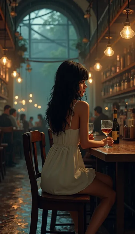 4k wallpaper painting Beautiful girl with black hair facing pretty eyes wearing a half white short dress, sitting alone, sad face holding a glass of brandy in a loft style tavern at night, and there are many people in the shop on a rainy day. 