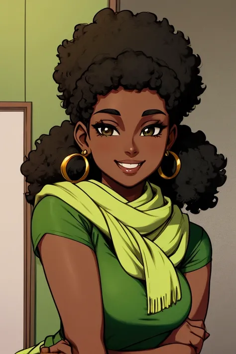 Young woman with dark skin:
Short afro-style hair, with large golden earrings. She wears a green t-shirt and a thin gray scarf. Her expression is confident, with a visible smile showing her teeth.