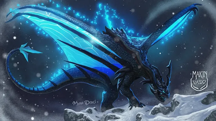 A majestic and powerful ice dragon with glowing blue crystalline wings, standing in a snowy, stormy environment. The dragon has dark, textured scales with icy highlights, exuding an aura of cold and power. The background features a blizzard with snowflakes...