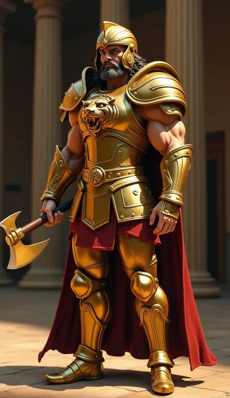 create a 3D animated character similar to the film Saint Seiya, a burly, muscular man, with a handsome face and an angry face wearing gold-colored iron armor complete with a helmet covering his head like Saint Seiya, the armor symbolizes the animal tiger, ...