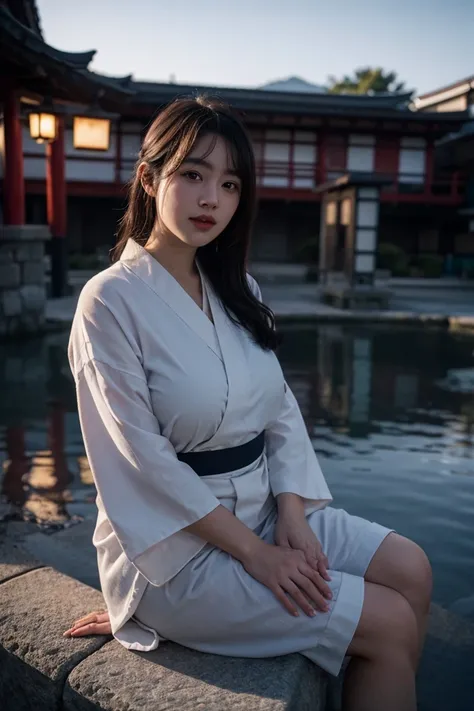 (Best Quality,8K,Raw photo,Realistic,hight resolution:1.2),(Japan Beauty),(Huge :1.25),(A dark-haired),(Yukata),(Voluptuous:1.2)、hot spring town