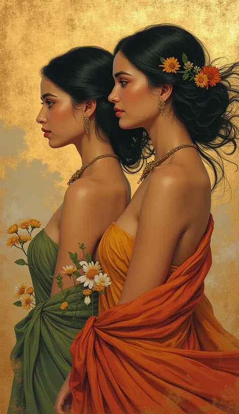 (ultra-detailed, realistic:1.37),portrait painting An ancient fresco-style artwork inspired by Sri Lankan Sigiriya, featuring elegant, naturalistic women with soft, rounded features, topless women and feminine curves serene expressions. They are adorned wi...