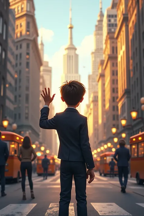 A boy saying goodbye with his hand on a busy street with people and vehicles elegant buildings 