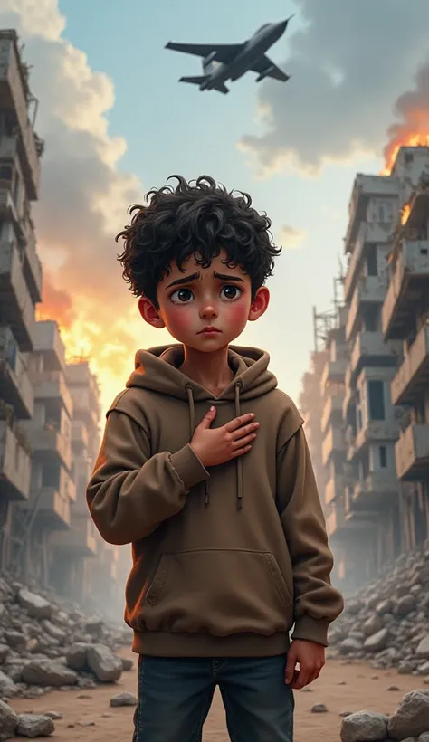 Digital illustration depicting a young boy standing amidst a war-torn urban landscape. The boy, with curly dark hair and medium skin tone, appears distressed, holding his hand to his chest. He is wearing a dusty brown hoodie. The background shows a city in...