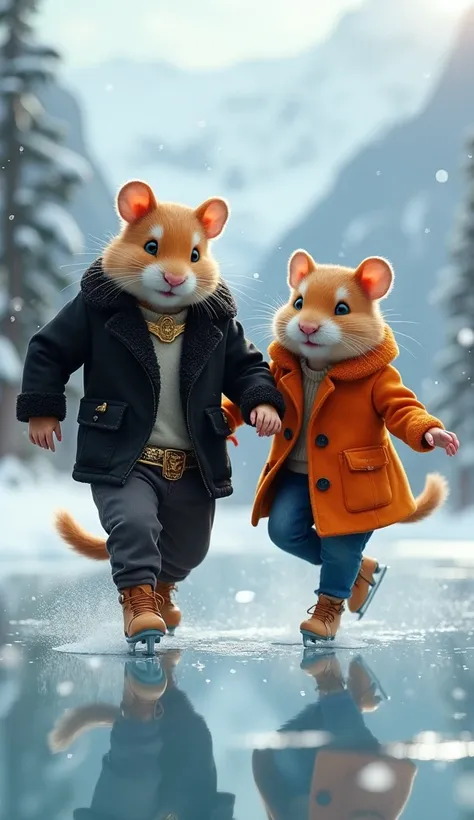 Two stylish anthropomorphic hamsters ice skating on a frozen lake. The male hamster is muscular, wearing a black designer jacket and gold accessories, while the female hamster wears an orange coat and jeans. The background features icy mountains and a cris...