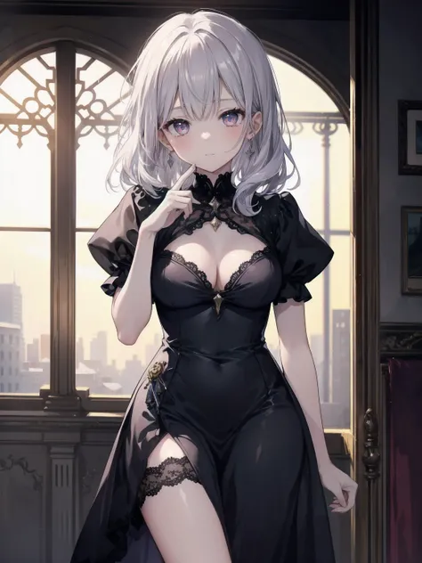  a girl 、 Beautiful Girls 、Silver Hair， crimson eyes ， BLACK DRESSES ，Decorative lace ，frills、 perspective 、 Luxurious and beautiful costume design ， medieval ，City，Backlight， Cinematic Texture ，Light and shadow changes， Bringing half of the body close tog...