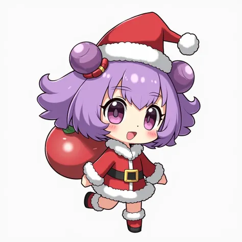  Acerola character from Pokemon , In the form of Padorus traits.  chibi, with big eyes,  Santa Claus clothing holding a bag .  The bag is on the left with her looking to the right.  Cowberry hair is approximately purple . kinda messy.  With a broxe holding...