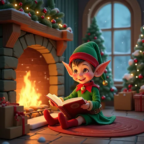 A Santa Claus elf is reading a Christmas story