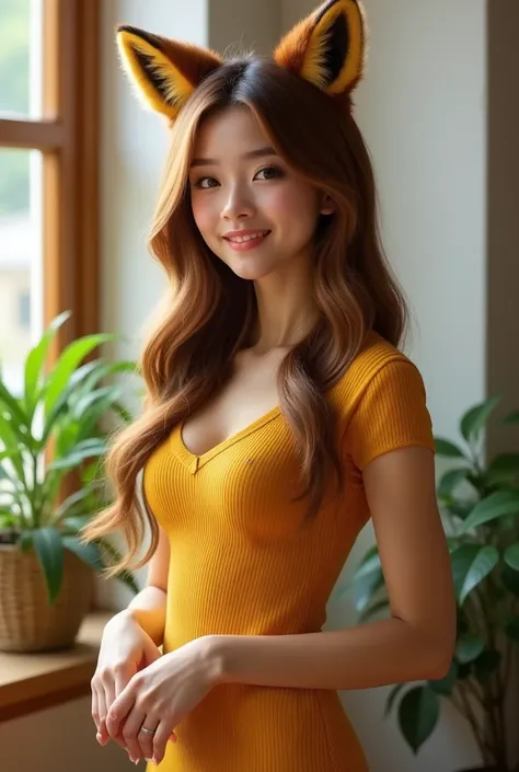 A hyper-realistic portrait of a young woman with fox-like ears blending seamlessly with her golden-brown hair, cascading in smooth, shiny waves. She has a soft, natural smile with warm hazel eyes. Her mustard-yellow ribbed dress fits snugly, showcasing its...