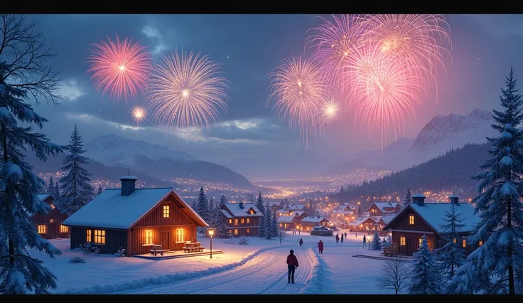  Norwegian town illuminated by fireworks over snow