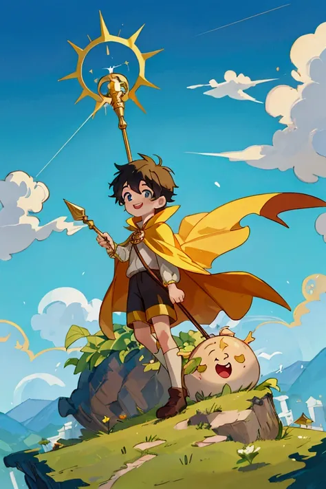 boy in a golden cape and shorts and with a golden cane on top of a hill raising the vast and looking forward smiling front perspective in the sky is beautiful and his decor is green
