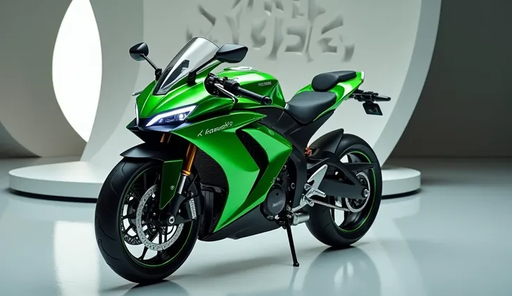 Generate a high-resolution, fully realistic image of a   Generate a high-resolution, fully realistic image of a 2025 Kawasaki Ninja 300 in  green with a sleek and modern exterior, futuristic wheels, and a shimmering body color, displayed in a luxurious sho...