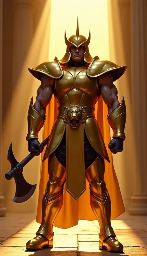 create a 3D animated character similar to the film Saint Seiya, a big, burly, muscular, handsome and angry man wearing gold armor complete with a helmet covering his head like Saint Seiya which emits a golden aura, the armor symbolizes the tiger animal, th...