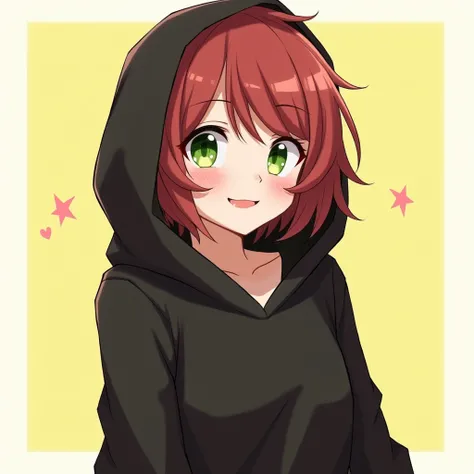  1 girl , high definition ,  shortcuts,  bob hair, black hoodie is on top of the head,Reddish brown hair, emerald green eyes, character design, smile, Decisive Pose,The background is light yellow,