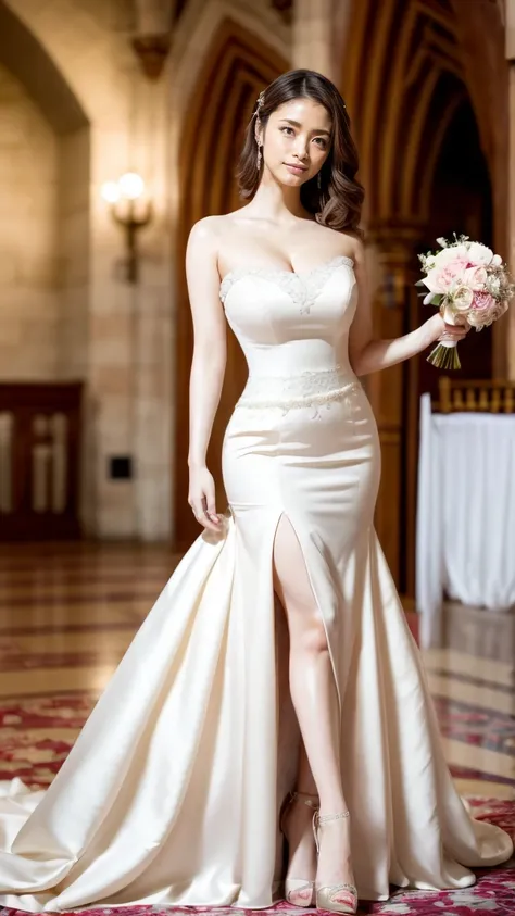 A beautiful young Japanese woman, 26 years old, with healthy thighs, beautiful legs, flawless skin, random hair color and style, large breasts, wearing a (wedding dress:1.3), full body shot, high heels, holding a bouquet in her hands, in a church setting, ...