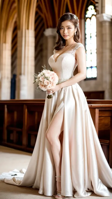 A beautiful young Japanese woman, 26 years old, with healthy thighs, beautiful legs, flawless skin, random hair color and style, large breasts, wearing a (wedding dress:1.3), full body shot, high heels, holding a bouquet in her hands, in a church setting, ...