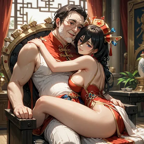 (( best quality)), ((masterpiece)), ( Details), （ perfect face）、The woman snuggling up to the old man of the ancient Chinese emperor is the dark-haired Mikasa Ackerman in a luxurious room, and she looks like an ancient Chinese empress and sits snuggle up w...