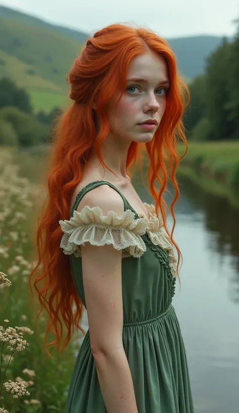 a young woman with red hair on the riverbank, irish style