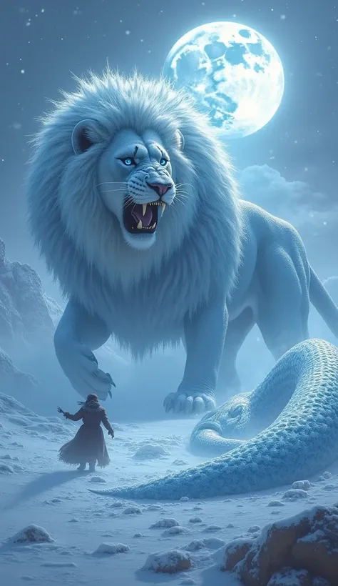 Under the pale light of an arctic moon, two predators circle each other in a frozen wasteland—a colossal lion with frost-covered fur and piercing blue eyes faces an anaconda as thick as a tree trunk, its scales glittering with ice crystals. The lion growls...