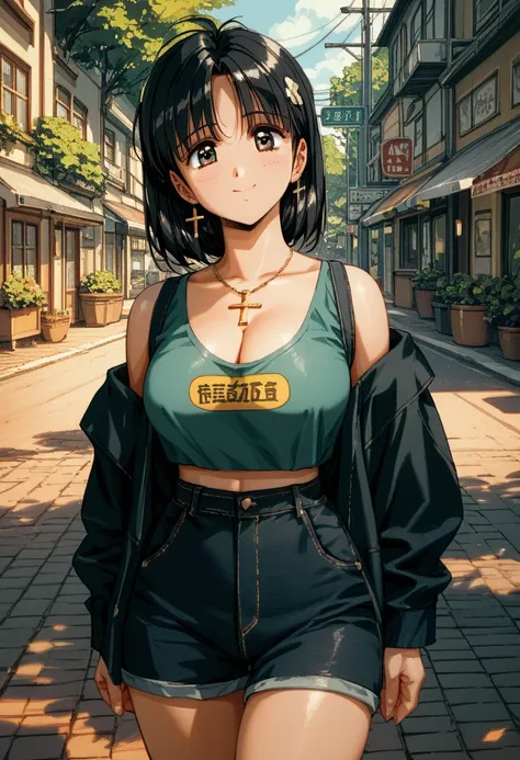 Cross the pedestrian crossing to the right、  black hair、Big Breasts、 cute、 18 years old 、 clothes that show cleavage、Smile a little、 high image quality