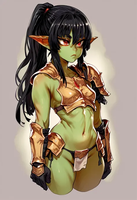 Goblin Girl , green skin,  big boobs,  ponytail, Black hair,  red eyes, Bikini Armor , Asanagi