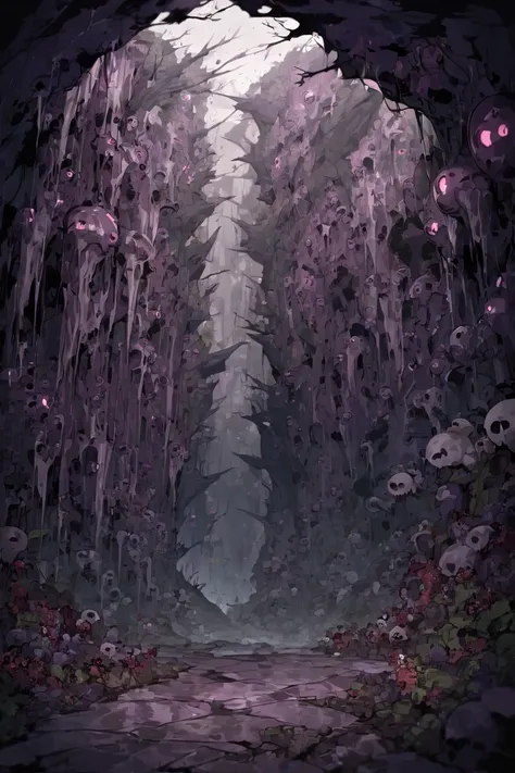  A bottom of a huge underground cave, purple roots ,  fangs like columns ,  eyes on walls ,  rotting flesh around them , Gloomy look ,  with spores in the air 